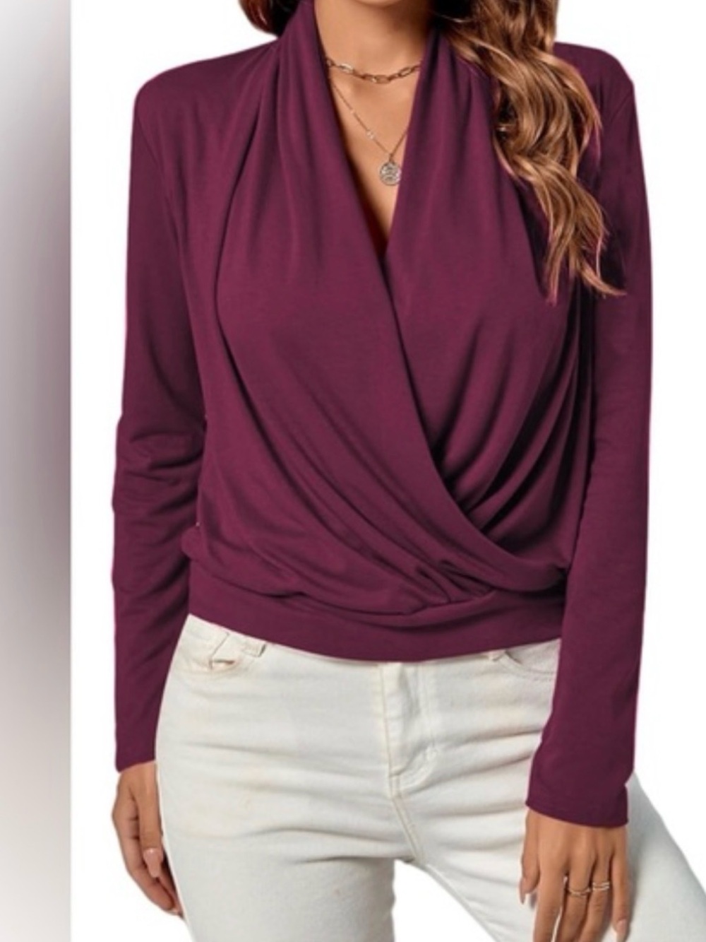 Nine West Plum Burgundy Surplice Draped Faux Wrap Long Sleeve Top Size L
